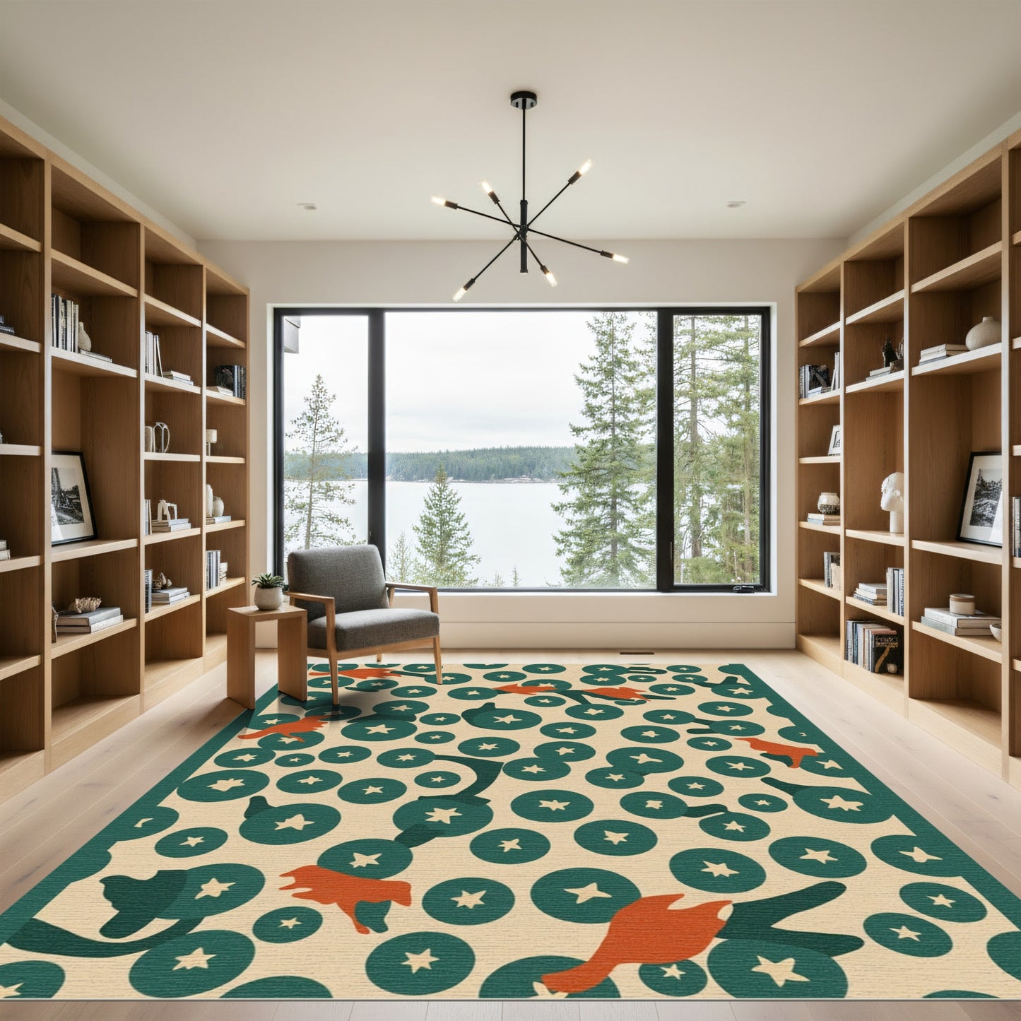 Orange Birds Green Star Circles Rug