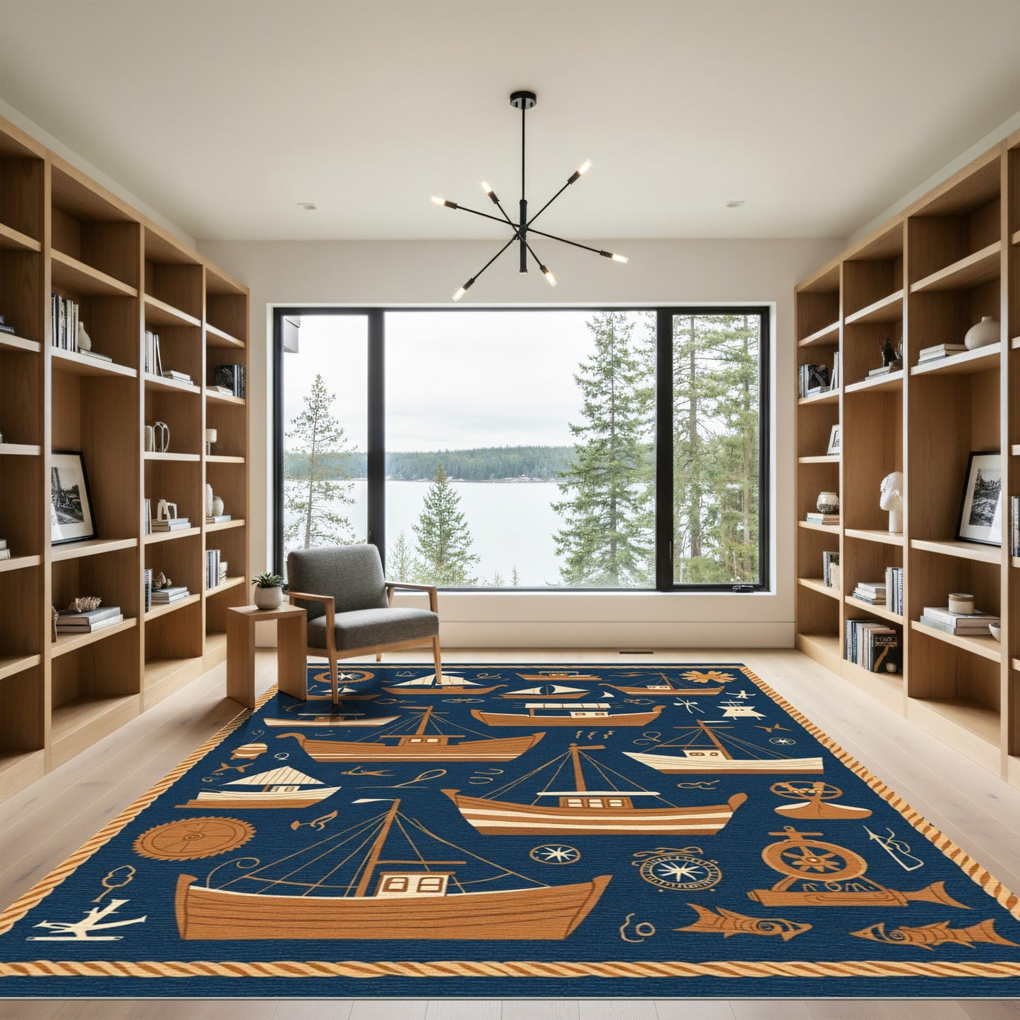 Nautical Boat Illustration Navy Blue Rug