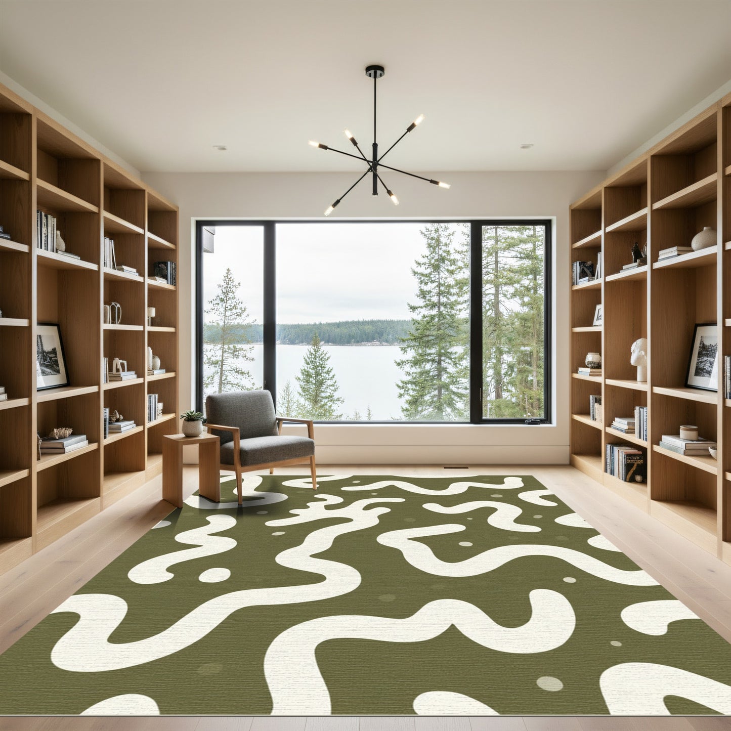 Olive Cream Abstract Organic Swirls Rug