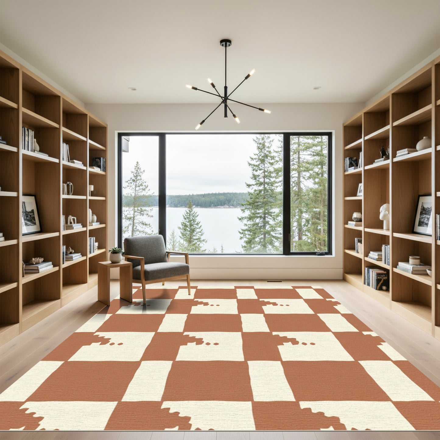 Russet White Checkerboard Abstract Shapes Rug