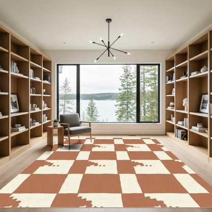 Russet White Checkerboard Abstract Shapes Rug