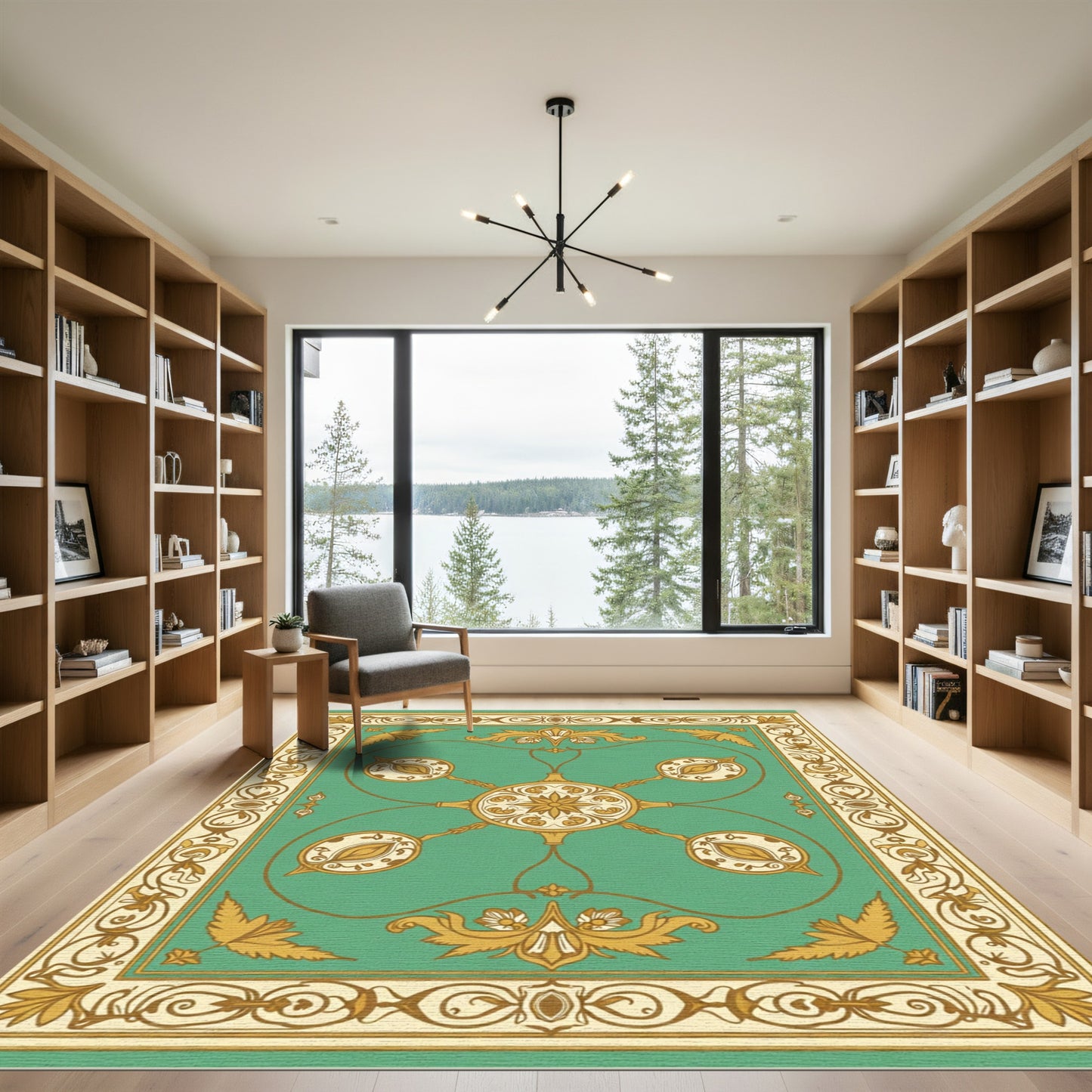 Teal Golden Floral Medallion Frame Rug