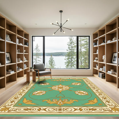 Teal Golden Floral Medallion Frame Rug