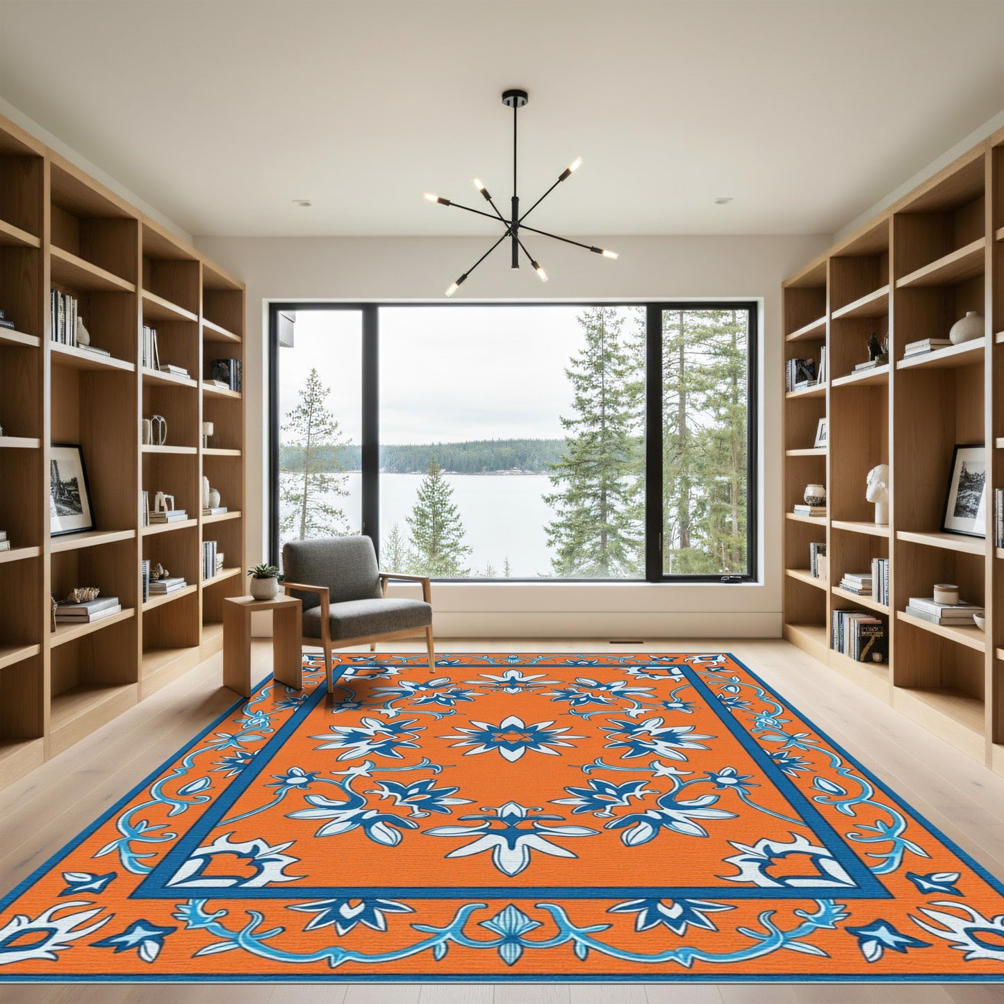 Orange Blue Floral Vine Medallion Rug