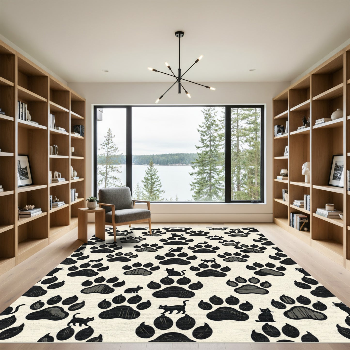 Whimsical Black Cat Paw Print Rug