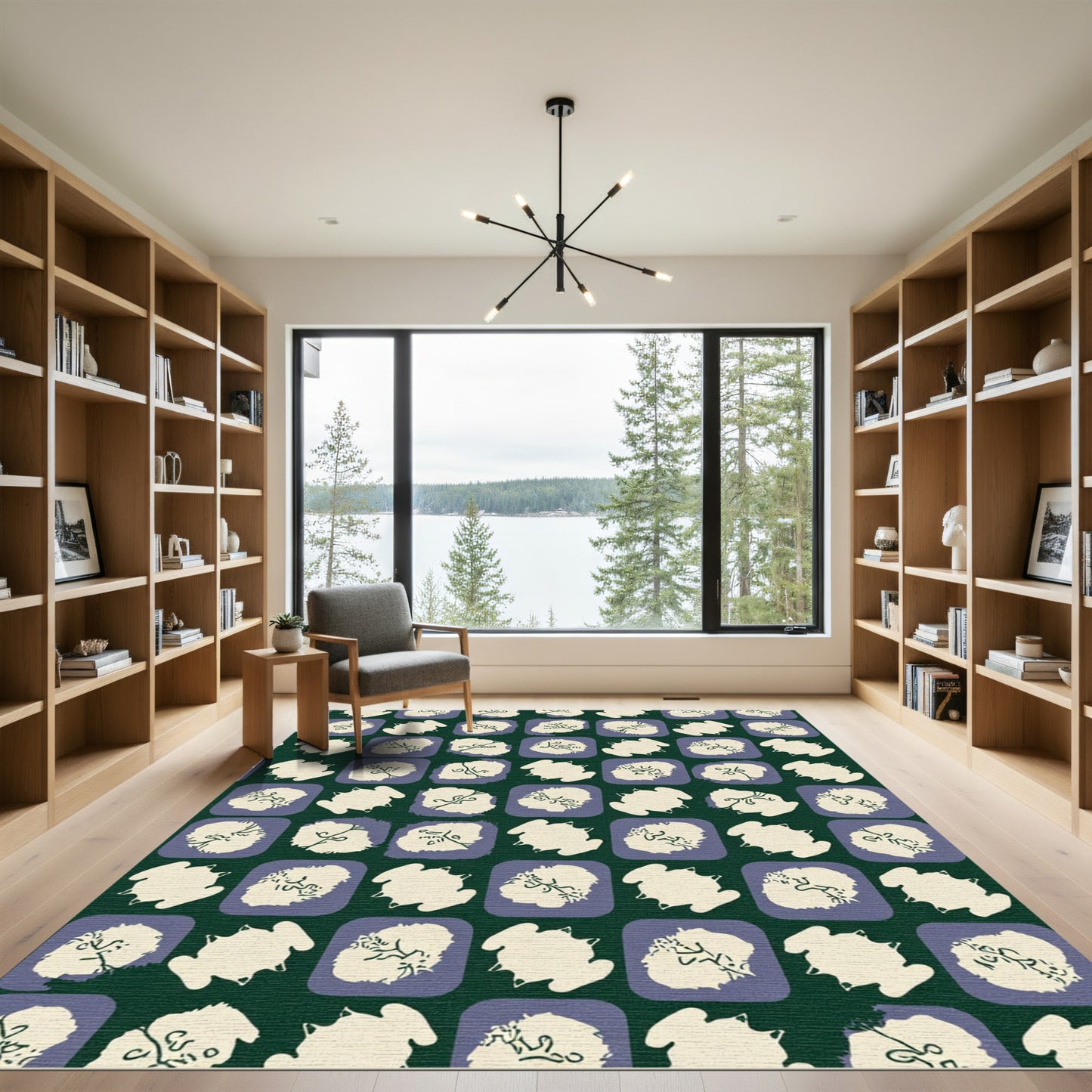 Dark Green Cream Purple Abstract Shapes Rug