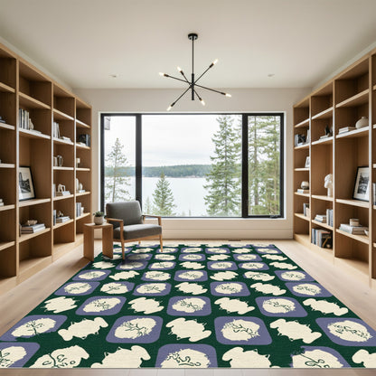 Dark Green Cream Purple Abstract Shapes Rug
