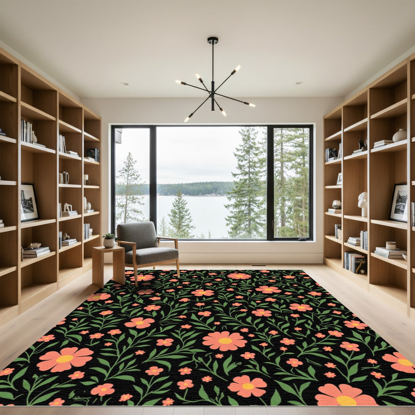 Coral Blossom Vine Black Rug