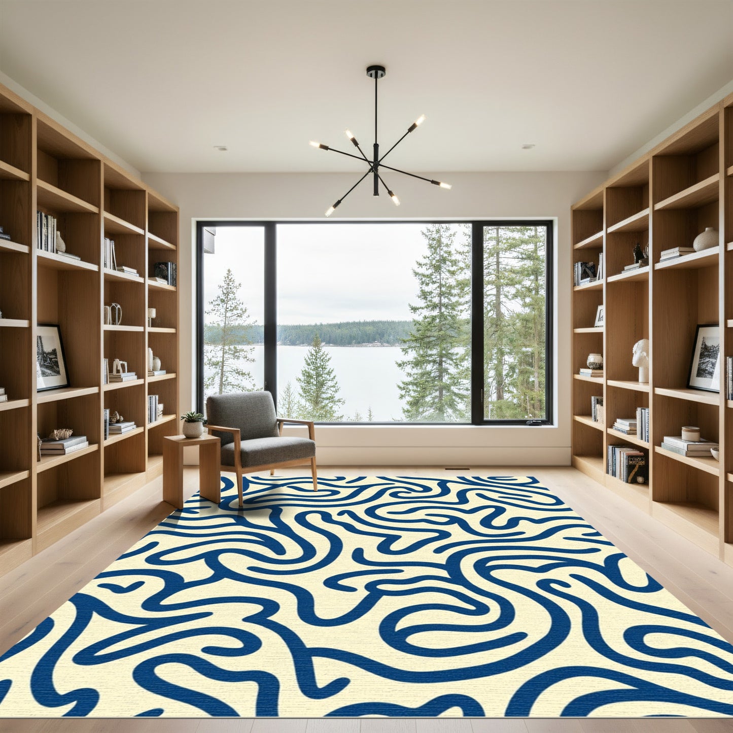 Cream Blue Abstract Swirl Lines Rug