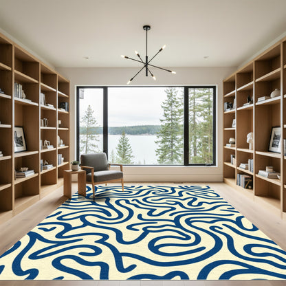 Cream Blue Abstract Swirl Lines Rug