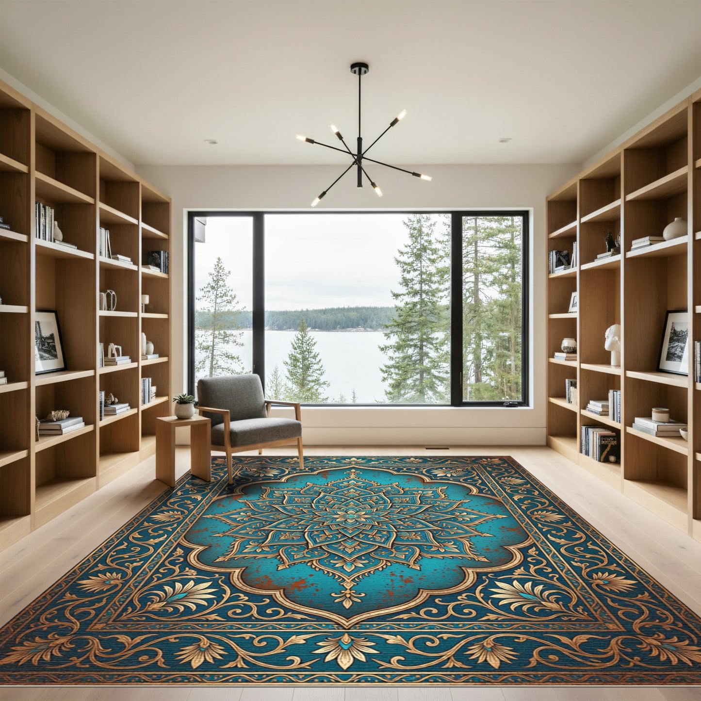 Ornate Teal Gold Mandala Floral Rug