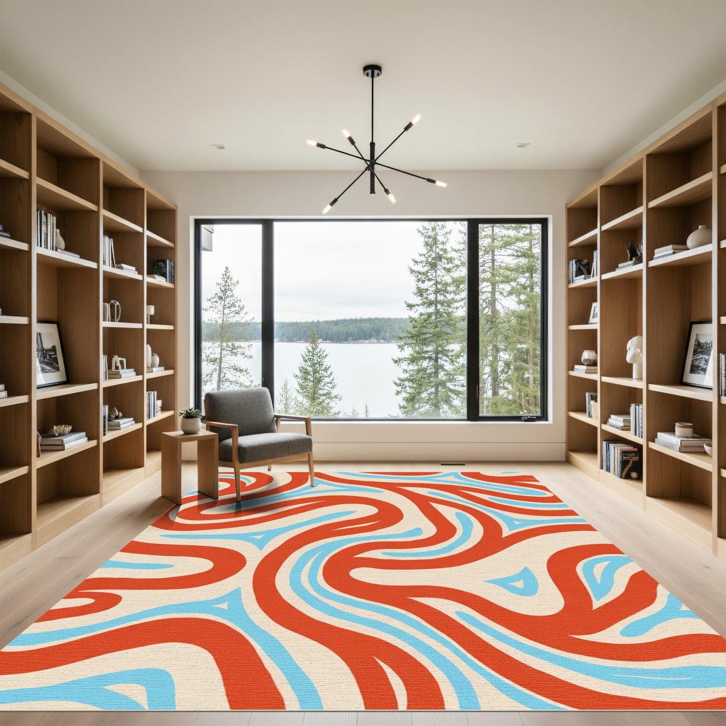 Crimson Blue Swirl Abstract Rug