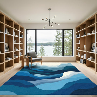 Deep Blue Gradient Layered Waves Rug