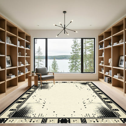 Black Speckled Sepia Geometric Border Design Rug