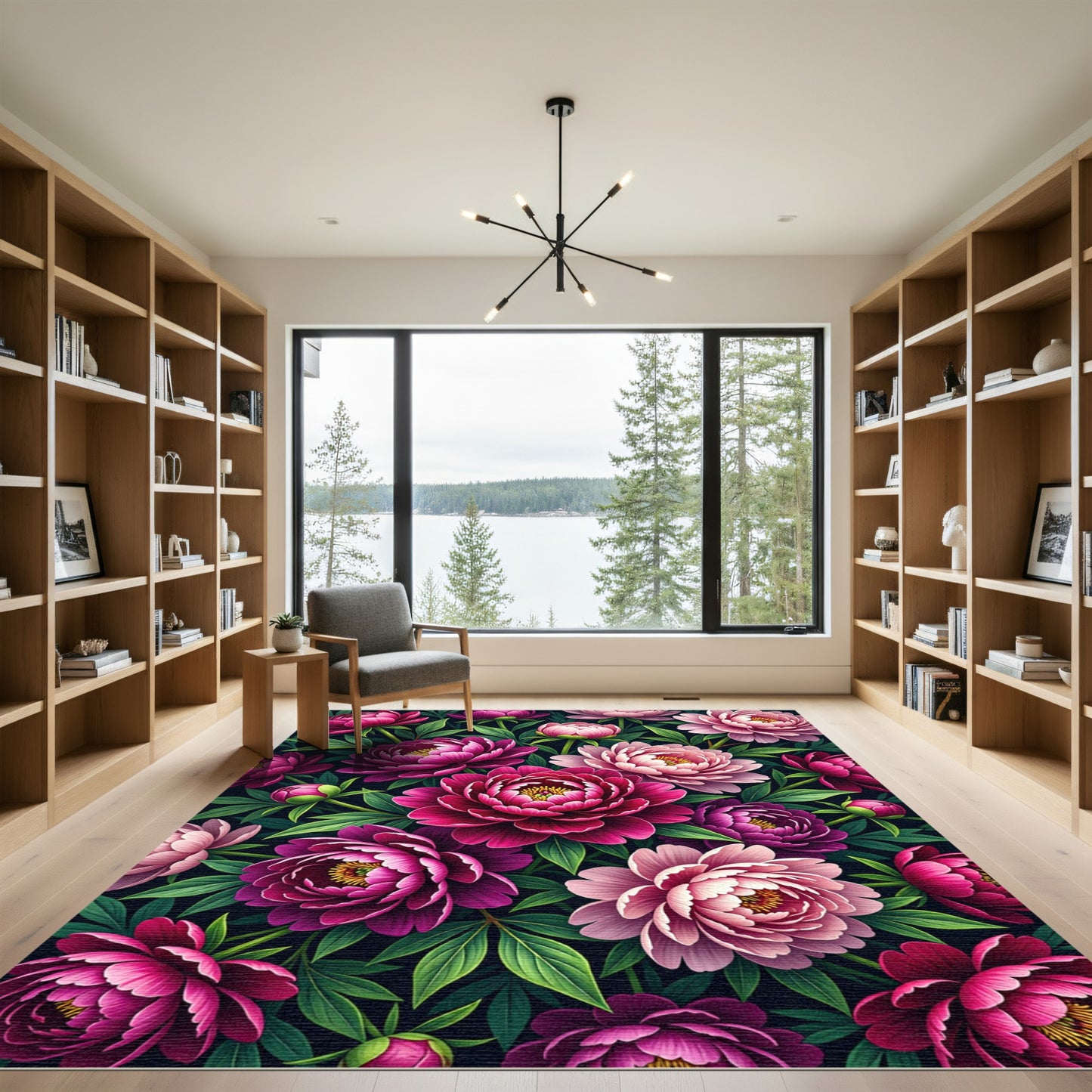 Deep Pink Peony Floral Garden Rug