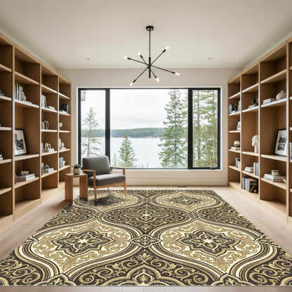 Elegant Gold Damask Scroll Medallion Rug