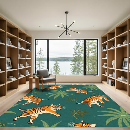 Playful Tigers Among Emerald Jungle Leaves Rug