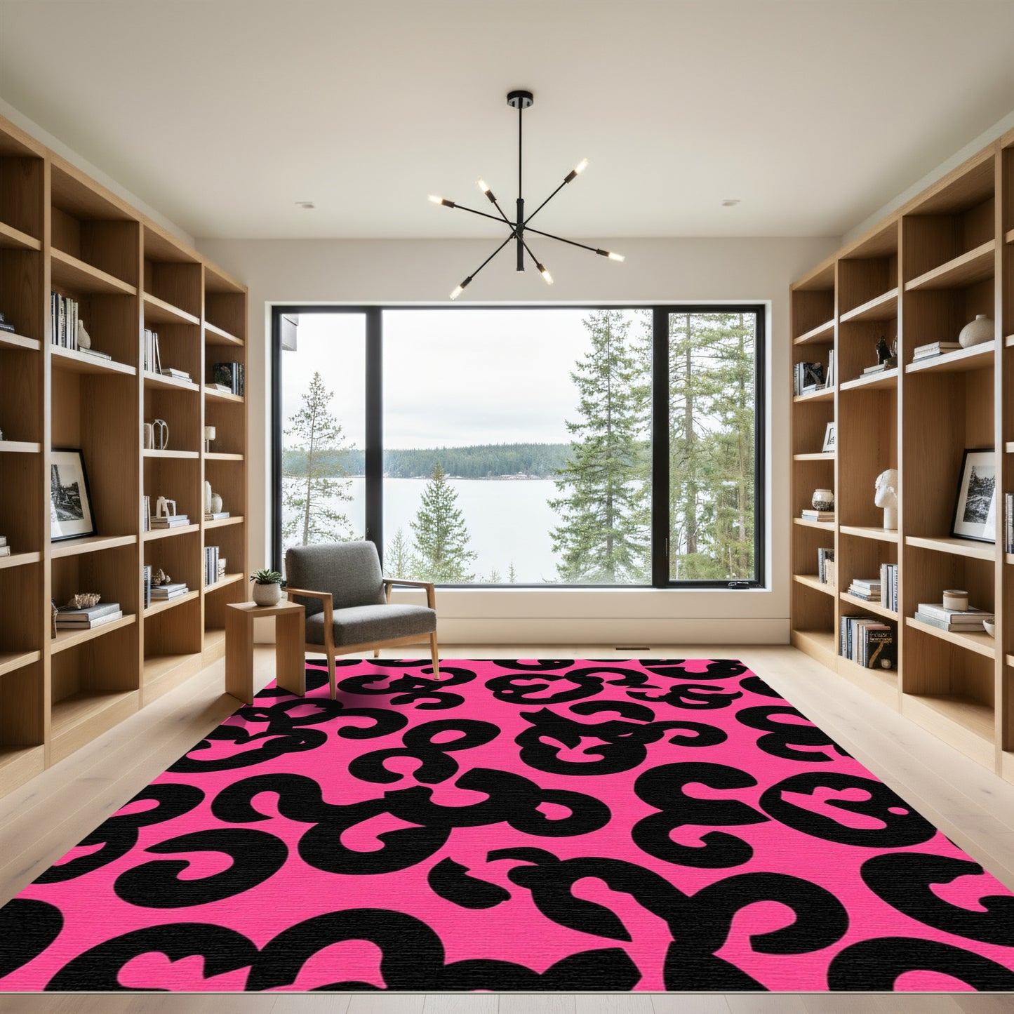 Hot Pink Black Abstract Swirls Rug