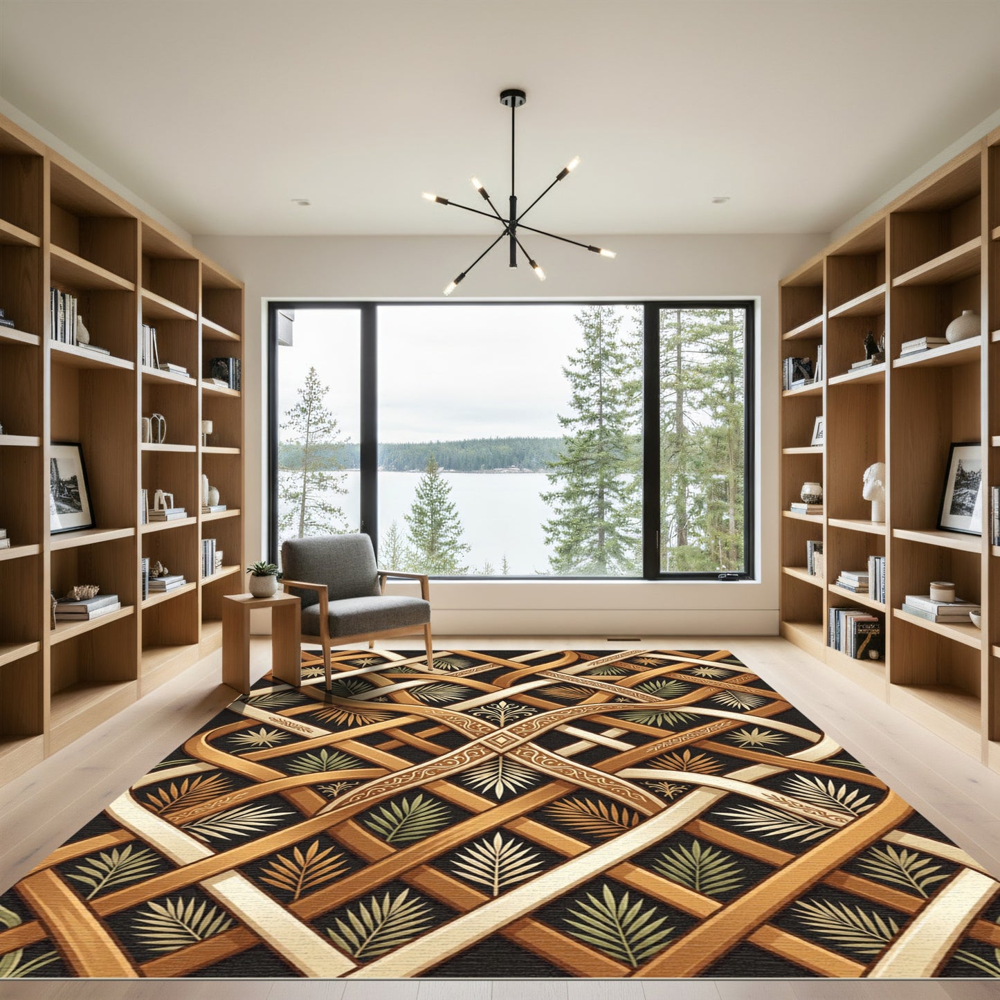Intricate Gold Beige Interwoven Leaf Rug