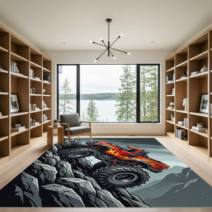 Fiery Orange Monster Truck Mountain Ascent Rug
