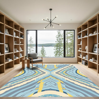 Blue Yellow Abstract Stripe Geometric Rug