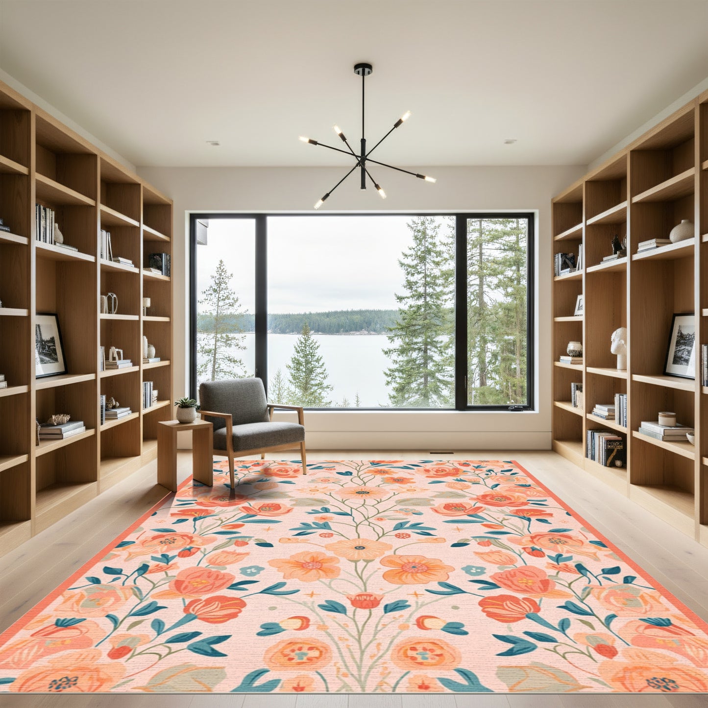 Coral Pink Floral Garden Tapestry Rug