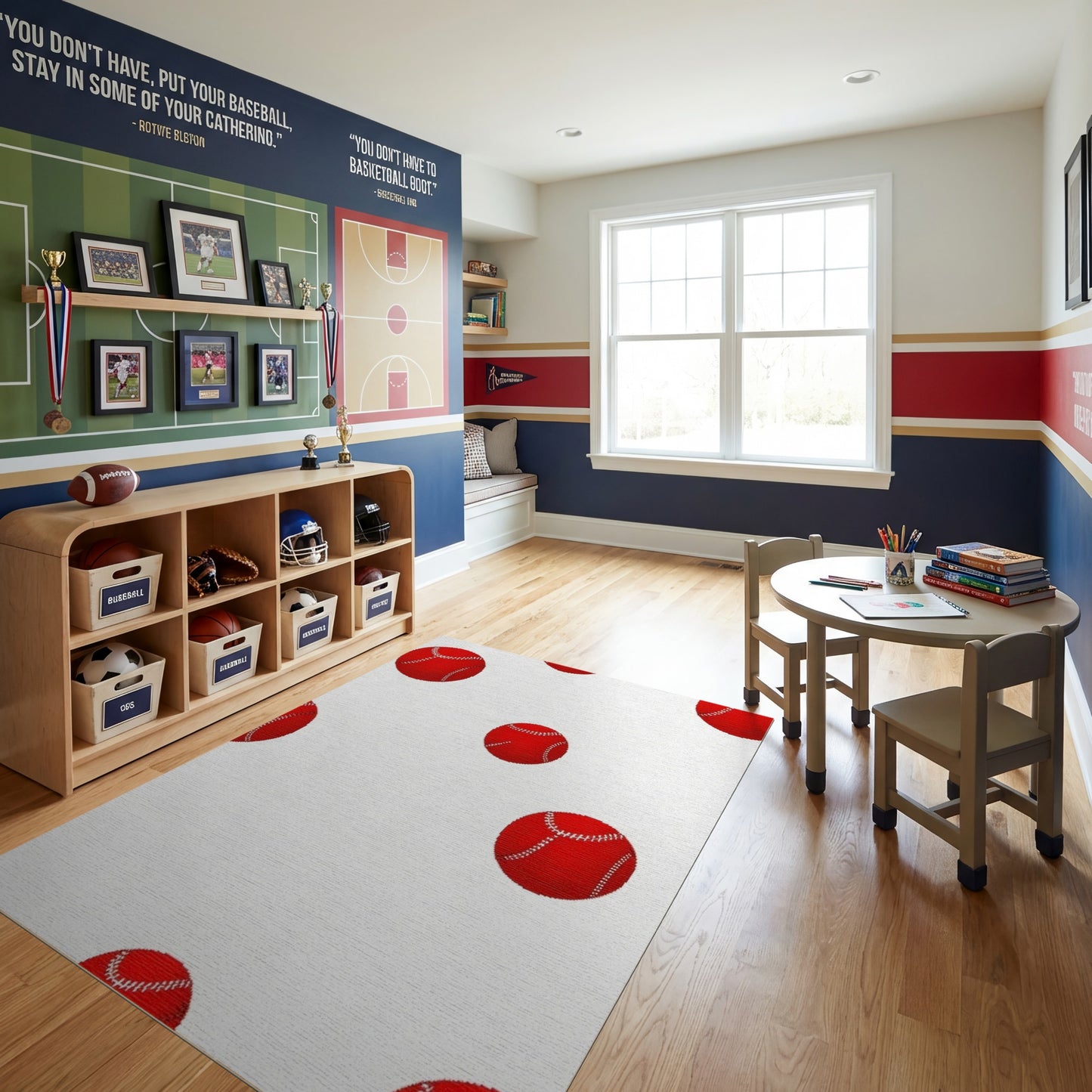 Scattered Red Stitched Baseballs Playful Rug