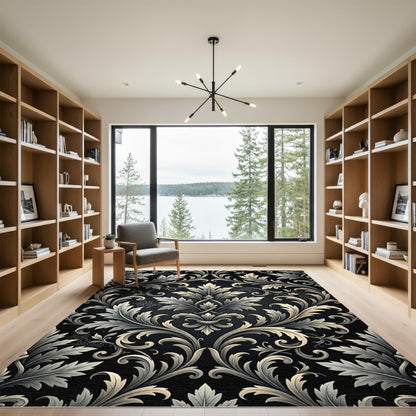 Elegant Black and White Acanthus Scroll Rug