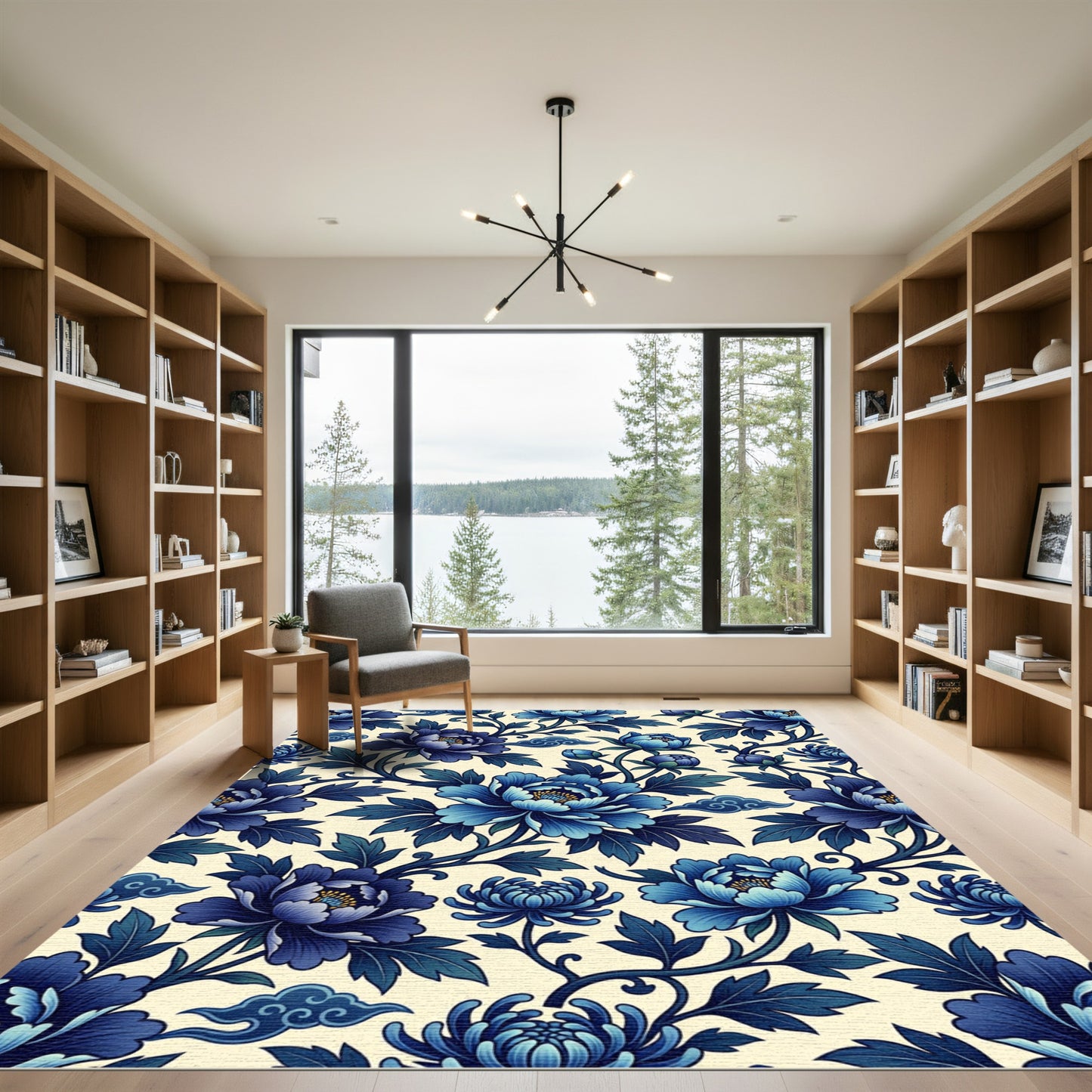 Deep Blue Peony Floral Chinoiserie Rug