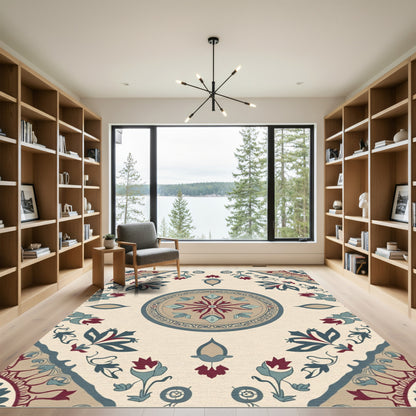 Crimson Teal Floral Medallion Arrangement Rug
