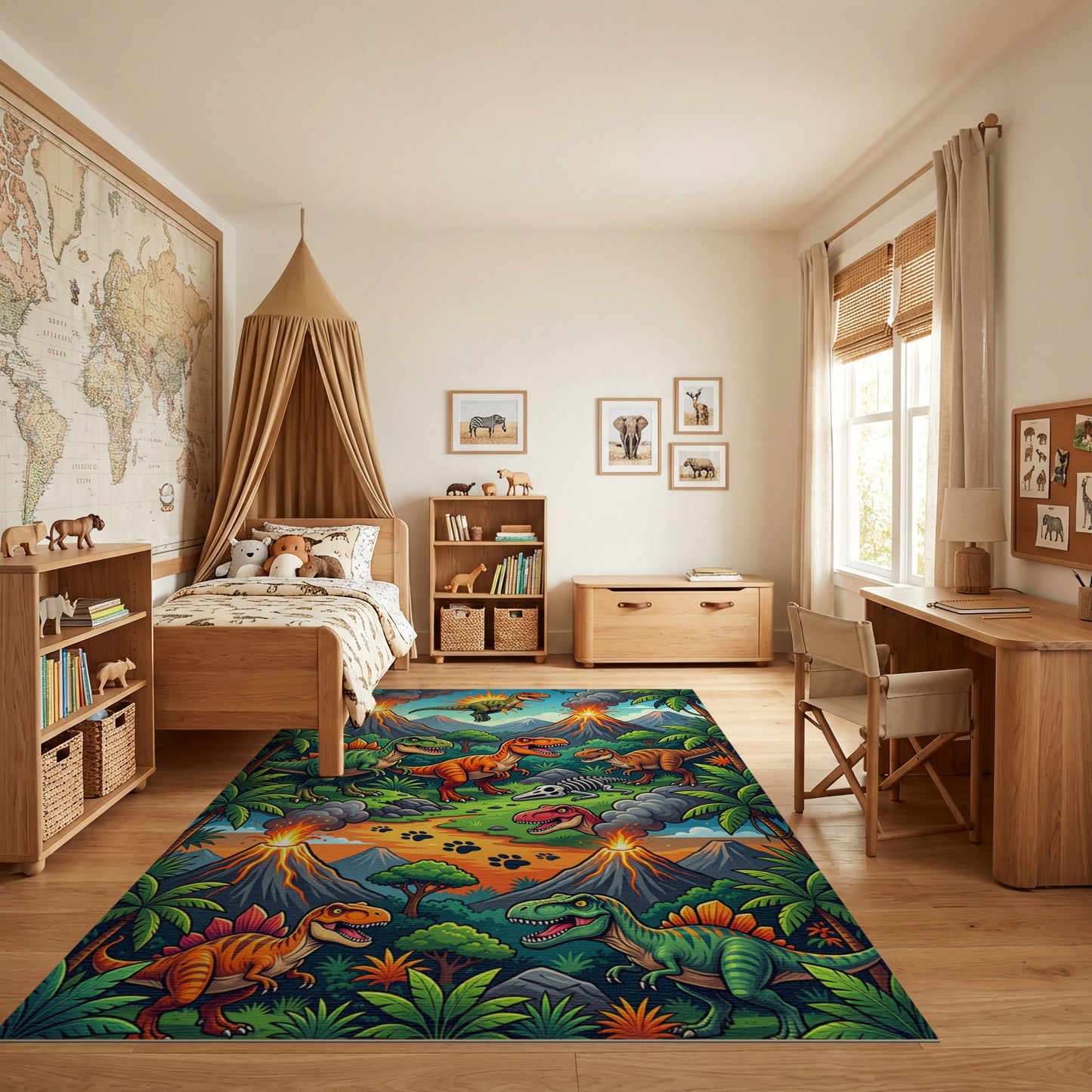 Vibrant Dinosaur Volcano Jungle Rug