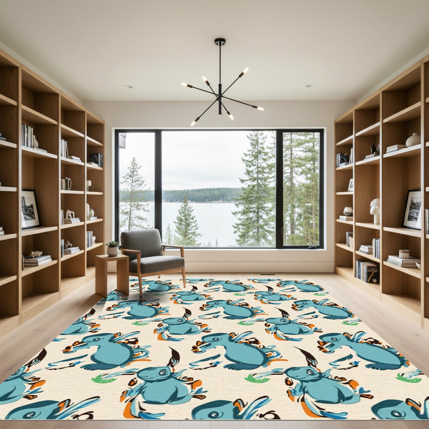 Blue creature whimsical foliage pattern Rug
