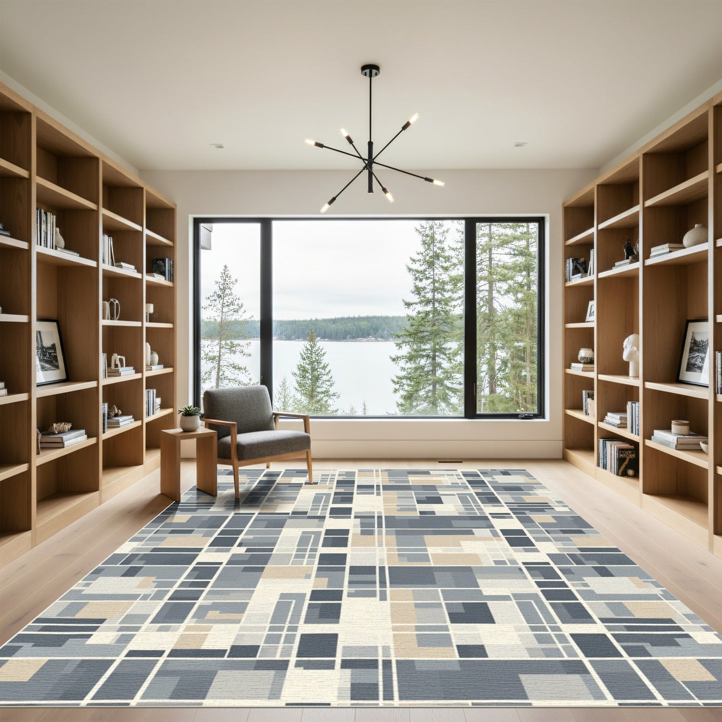 Geometric Grid Slate Tan Rug