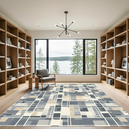 Geometric Grid Slate Tan Rug