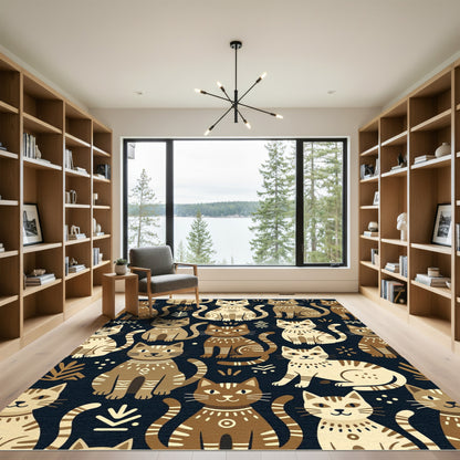 Whimsical Cats Earthy Tone Folk Art Rug