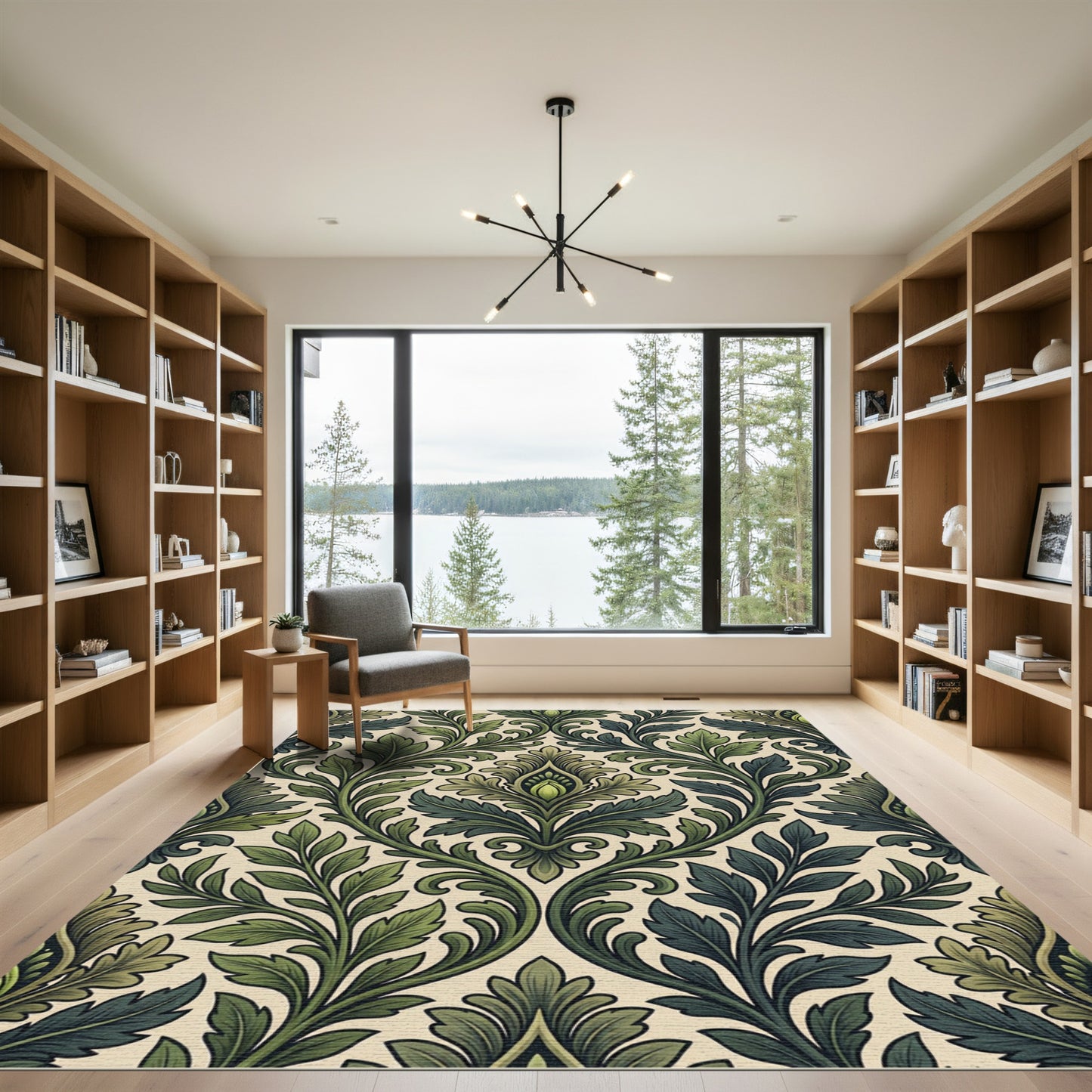 Elegant Olive Green Damask Foliage Rug