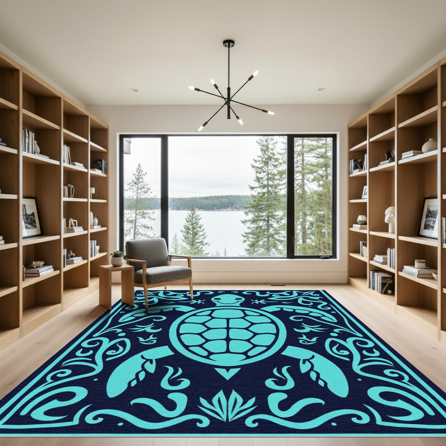 Aqua Turtle Floral Border Rug