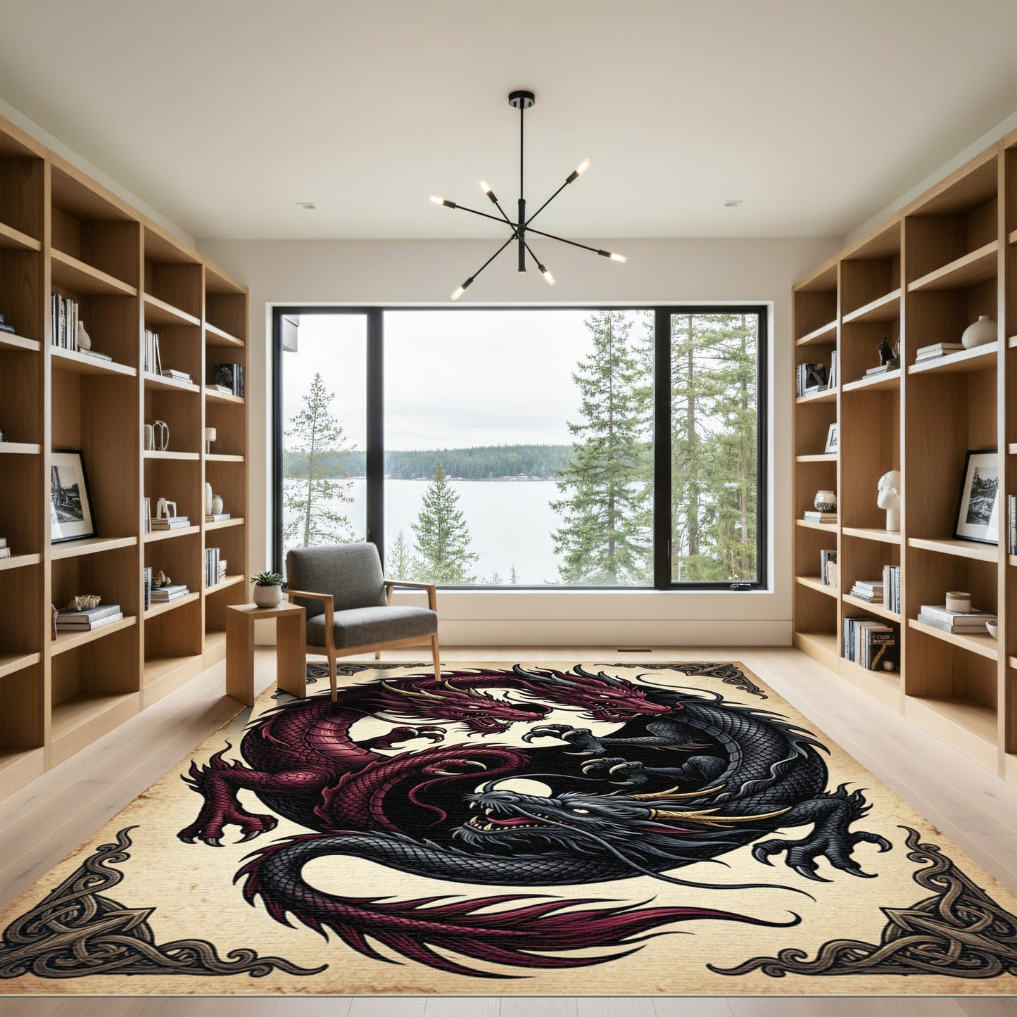 Yin Yang Crimson and Obsidian Dragon Rug