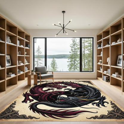 Yin Yang Crimson and Obsidian Dragon Rug