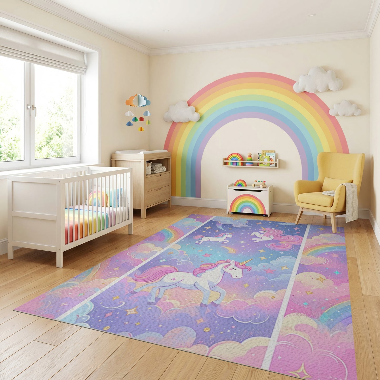 Whimsical Unicorn Rainbow Stars Clouds Rug