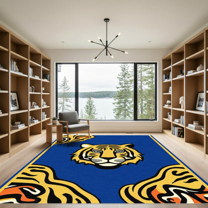 Bold Tiger Head Blue Abstract Rug