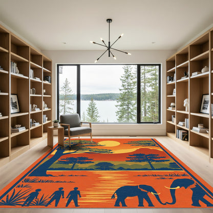 Vibrant Sunset Safari Elephant Landscape Rug