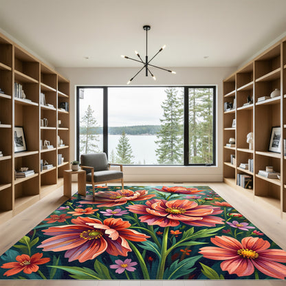Vibrant Coral Cosmos Botanical Garden Rug