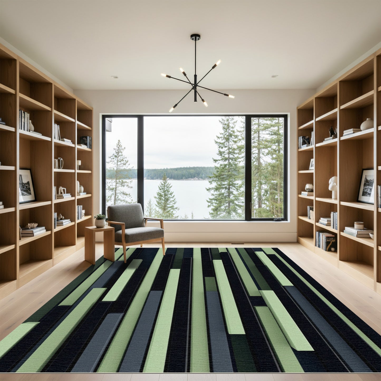 Modern Sage and Charcoal Vertical Stripe Rug