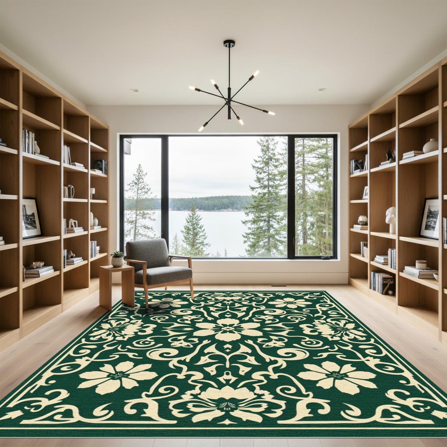 Elegant Cream Floral Damask Emerald Rug