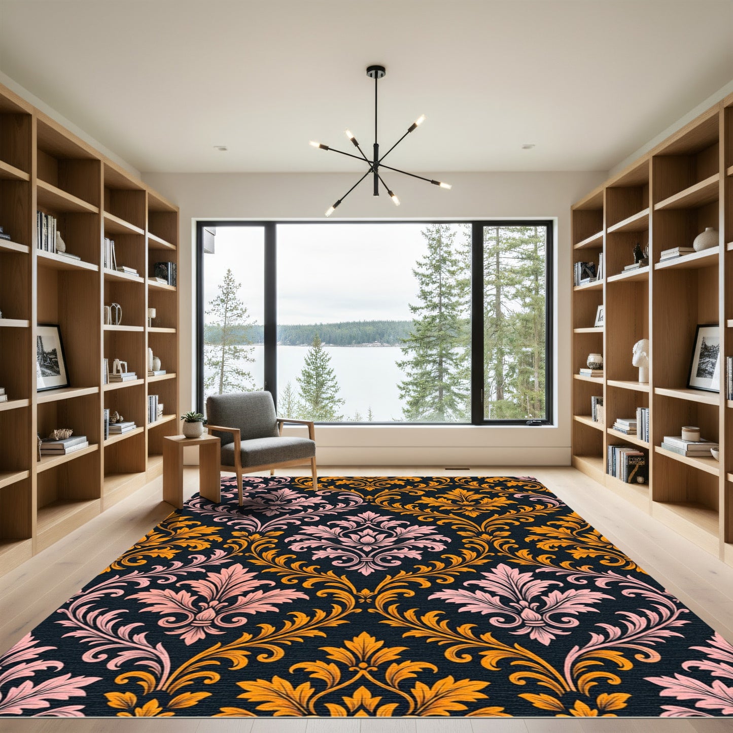 Elegant Ornate Pink and Golden Damask Rug