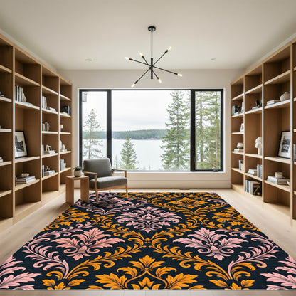 Elegant Ornate Pink and Golden Damask Rug