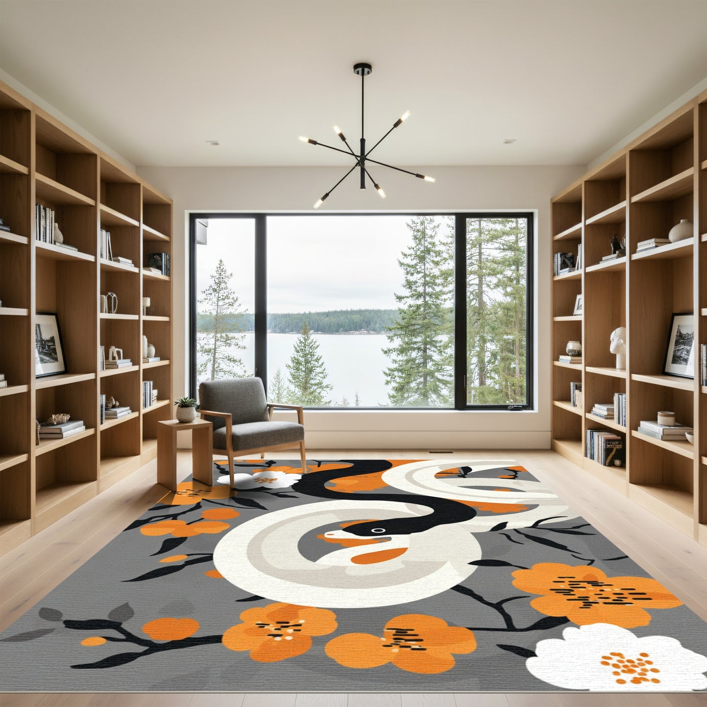 Black White Snake Orange Blossom Garden Rug