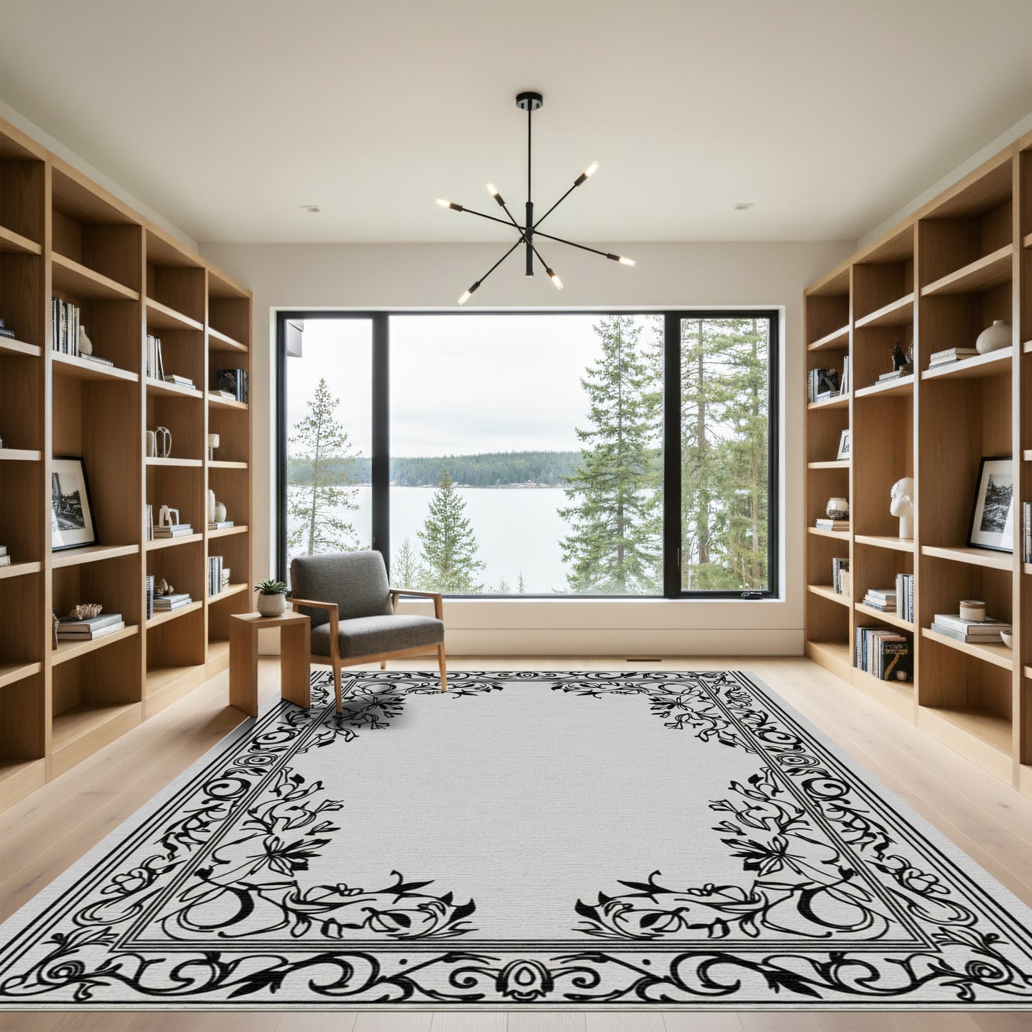 Black Ivory Floral Scroll Border Rug