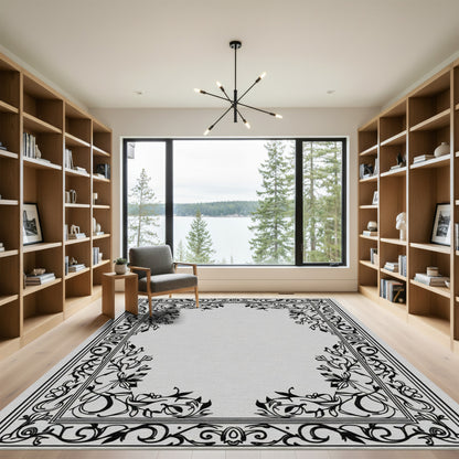 Black Ivory Floral Scroll Border Rug